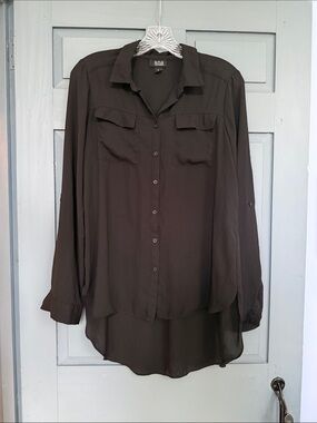 ana Lightweight Button-Down Semi-Sheer Blouse in Dark Black
